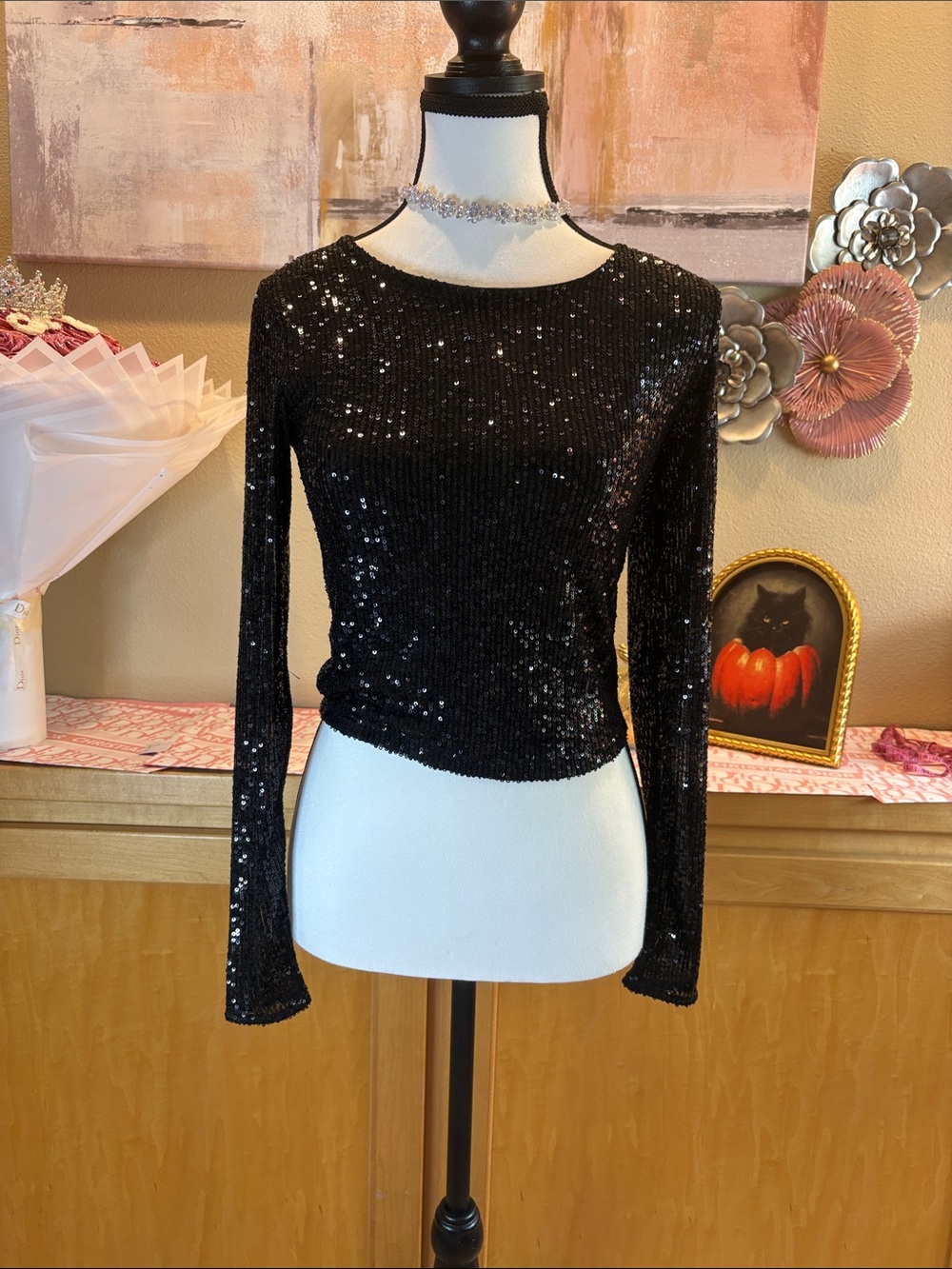 Z Supply Black Sequin Long Sleeve Crop Top
